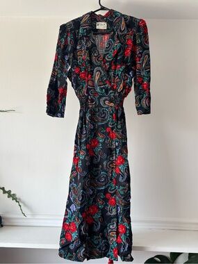 Black Floral Paisley Wrap Midi Dress with Red Roses